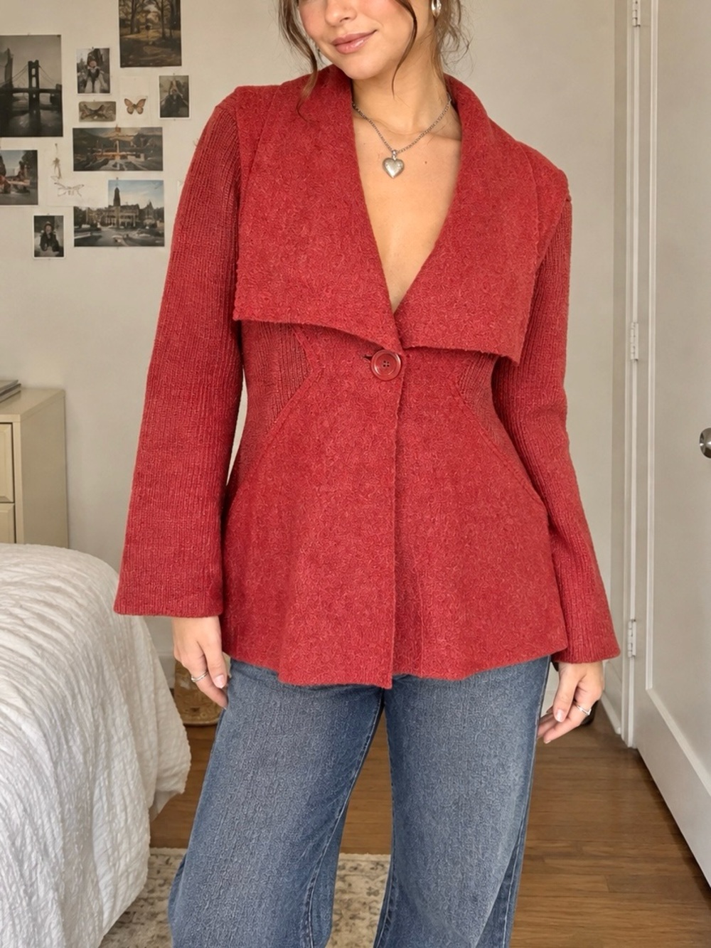 Vintage Y2K Wool Orange Peplum Blazer Jacket Cardigan Sweater Academia 2000s 90s